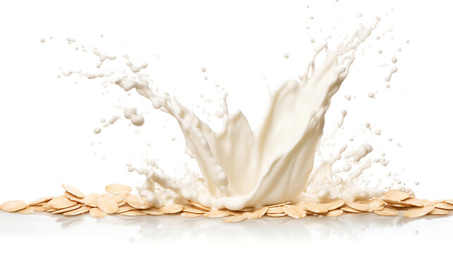 Oat milk splash with almonds isolated on white background
