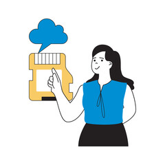 Aufkleber - Cloud computing concept with cartoon people in flat design for web. Woman using cloud storage and uploading files from flash drive. Vector illustration for social media banner, marketing material.