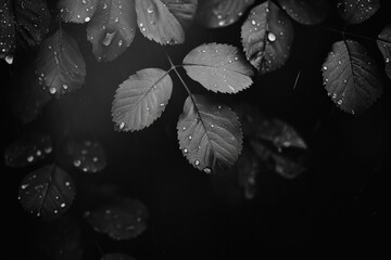 Poster - A captivating black and white photo capturing the beauty of leaves with water droplets. Perfect for nature enthusiasts and those seeking a minimalist aesthetic