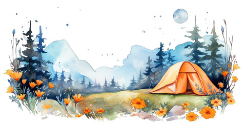 camping in the mountains. watercolor painting of a tent under the mountains full of flowers isolated