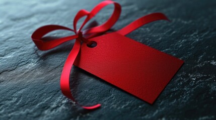 Poster - A red gift tag tied to a red ribbon. Can be used for various gift-related concepts