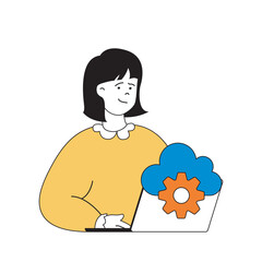 Aufkleber - Cloud computing concept with cartoon people in flat design for web. Woman working with online documents, makes settings for backup. Vector illustration for social media banner, marketing material.