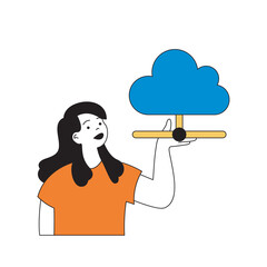 Aufkleber - Cloud computing concept with cartoon people in flat design for web. Woman using cloud storage technology and internet hosting service. Vector illustration for social media banner, marketing material.