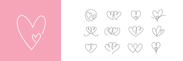 Poster - Two hearts continuous one line draw vector illustration set. Hearts
