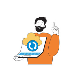 Aufkleber - Cloud computing concept with cartoon people in flat design for web. Man making sync and files backup and processing data at laptop. Vector illustration for social media banner, marketing material.