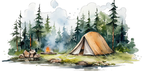 camping in the forest. watercolor painting of tent in mountain forest isolated on transparent backgr