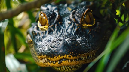Poster - Close-up shot of an alligator's head in a tree. Perfect for nature and wildlife enthusiasts.