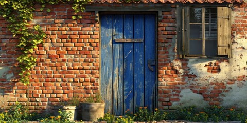 Poster - A picture of a brick building with a blue door and window. This image can be used for architectural designs and real estate concepts