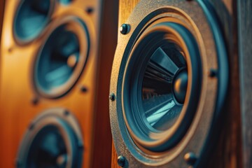 Aufkleber - A detailed view of a pair of speakers. Perfect for music-related projects or advertisements