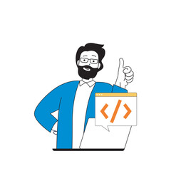 Aufkleber - Cloud computing concept with cartoon people in flat design for web. Man working as programmer and using online processing data tech. Vector illustration for social media banner, marketing material.