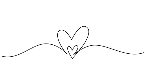 Two hearts in simple one line style. Love background in continuous