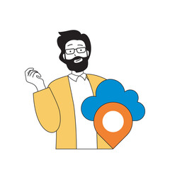 Aufkleber - Cloud computing concept with cartoon people in flat design for web. Man sharing location pin using cloud technology infrastructure. Vector illustration for social media banner, marketing material.