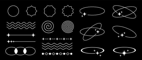 Poster - Set of retro outline white thin empty frames, decorative design elements and dividers in Y2K futuristic aesthetic, vector illustration.
