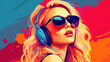 © pierre - Groovy Tunes: Blonde Woman Wearing Headphones and Sunglasses in Pop Art Retro Fashion