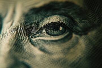 Poster - A close-up view of the eye on a dollar bill. This image can be used to represent finance, money, or the economy