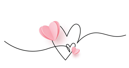 Wall Mural - two hearts in simple one line style and pink paper cut realistic