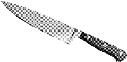 Butcher knife in halftone dots texture, isolated black and white vector design element