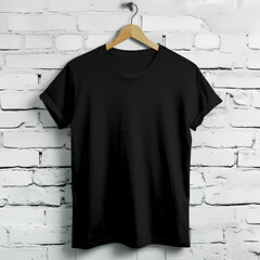 Wall Mural - Plain black t-shirt mockup on a hanger against a white brick wall background, front view