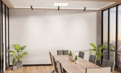 Wall Mural - Blank wall Mockup in bright wooden office with windows and sun passing through. Empty company meeting room 3D rendering