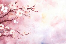 Sakura, Peaches And Cherries In Pink-coral Watercolor. Japan In Spring, Delicate Pink Landscape, Spring Nature