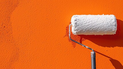Aufkleber - Roller of paint being used on an orange wall. Suitable for home improvement or interior design projects