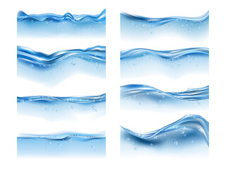 Aufkleber - Water splashes and drops on surface with bubbles of air. Vector isolated realistic liquid with droplets, wave and motion against glass. Fluid in container side view, beverage or pure aqua