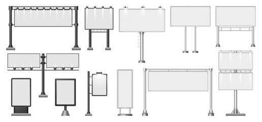 Poster - Signboard with lights for advertising and promotion. Vector isolated set of billboards on poles, stand for commercial or announcement display, screen with illumination for city, exhibition placard