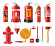 Firefighter realistic equipment for urgency and work, putting out fire. Vector isolated extinguisher tank with foam spray, water hydrant and bucket, shovel and hook, ax for rescuing people