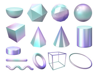 Poster - Holographic gradient shapes in 3d, geometric figures with colorful facets. Vector isolated geometry figures with polygons, cube and sphere, semicircle and cone, pyramid and wavy line design