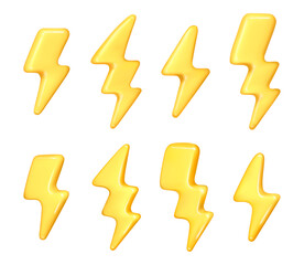 Poster - Lightning bolt icon, isolated set of thunderstorm signs. Vector yellow electric charge element, voltage and power. Symbol of quick announcement, warning of danger or energy spark thunderbolt