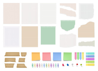 Aufkleber - Torn empty notebook pages with uneven edges, isolated sticky notes and memos for important information. Vector isolated adhesive tape and clips, push pins for cardboard, blank bookmarks