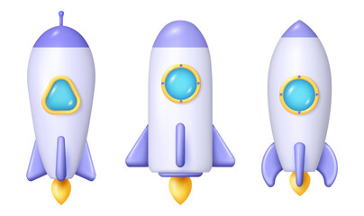 Aufkleber - Toy rocket upswing, spewing fire and flames. Vector isolated taking off rocket with window, spaceship and cosmos exploration. Business or startup launching project, futuristic jet symbol