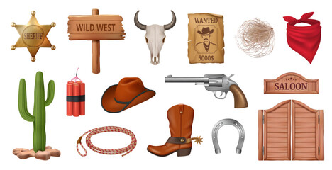 wild west realistic icons, isolated cowboy character objects for game design. vector cactus and lass