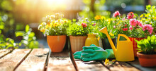 Colorful Flower Pots With Watering Can And Gloves On Wooden Table On Sunny Garden Background. Banner With Copy Space