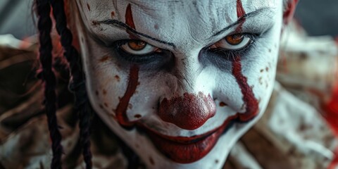 Poster - A close-up shot of a person with vibrant clown makeup. Perfect for circus-themed events or Halloween parties
