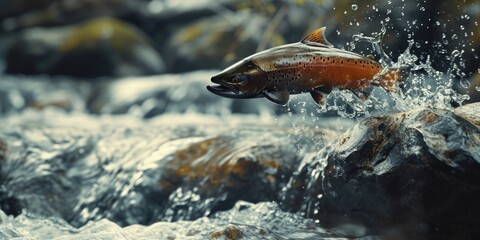 Poster - A fish jumping out of a river into the water. Suitable for aquatic themes and nature concepts