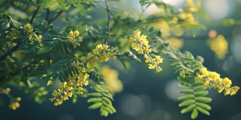 Poster - A close-up view of a tree with vibrant yellow flowers. Perfect for adding a pop of color to any project or design