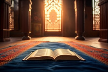 Open Religious Book In The Mosque At Dawn, Ramadan Background