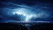 Intense lightning bolts illuminate dark storm clouds above a night-time rural landscape.
