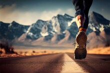 Close-up On A Runner Feet Running On Asphalt Road With Beautiful Mountain Background