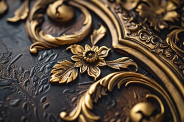 Poster - A detailed close-up view of a metal plate adorned with intricate gold decorations. This image can be used to add an elegant touch to various projects