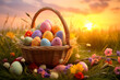 wicker basket with colored Easter eggs in the meadow