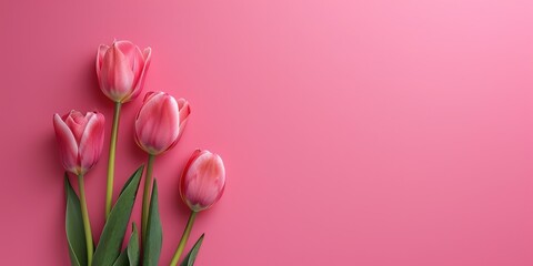 Wall Mural - Aesthetic floral mockup, tulips on a pastel pink background, banner or greeting card design