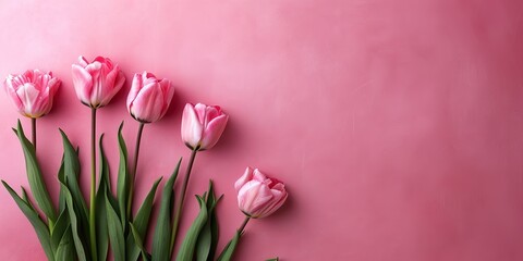 Wall Mural - Aesthetic floral mockup, tulips on a pastel pink background, banner or greeting card design