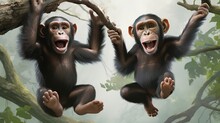A Pair Of Playful Chimpanzees Swinging From Tree Branches, Their Animated Expressions Capturing The Joy Of Their High-flying Antics Against A Pure White Backdrop.