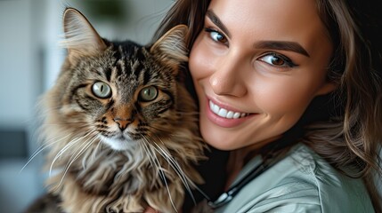 Canvas Print - Veterinarian woman hugs a cute kitten.