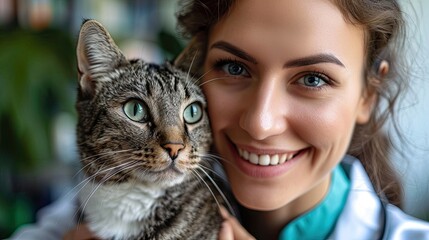 Canvas Print - Veterinarian woman hugs a cute kitten.