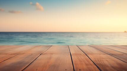 wooden pier on the sea, empty wooden table, Blurred sea background with wood resort deck floor foreground, Ai generated image