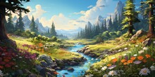 Draw A Vibrant Summer Forest Landscape With Bright Green Trees And Colorful Flowers