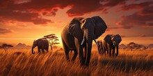 A Herd Of Elephants Walking Across A Dry Grass Field At Sunset With The Sun In The Background And A Few Trees In The Foreground